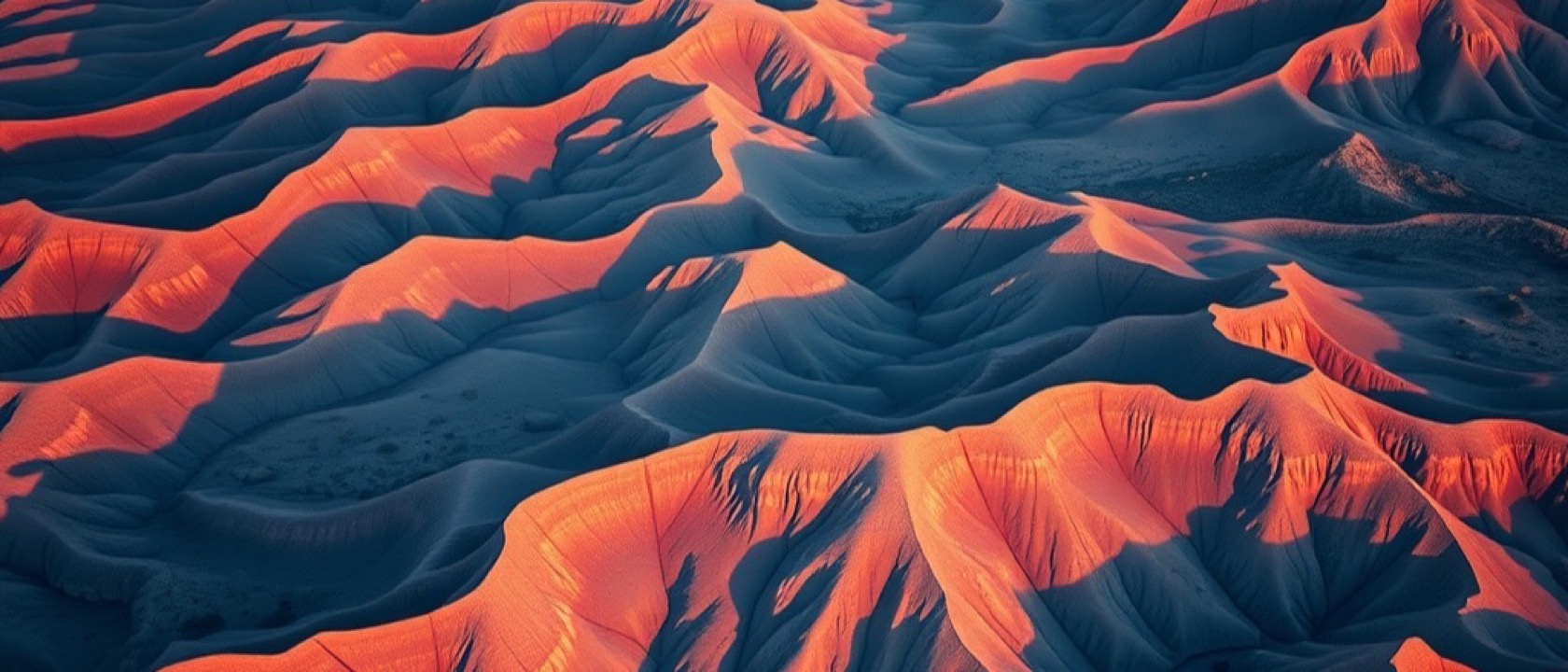 Red desert ranges at dusk, their long shadows forming natural contour lines