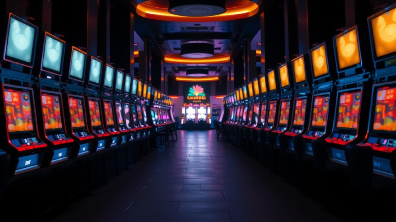 Rows of softly glowing pokie cabinets receding into a dim lounge