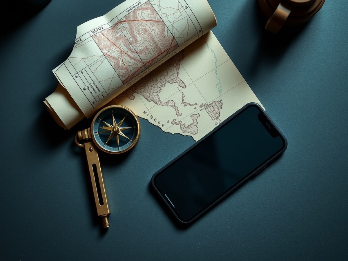 A surveyor's compass, a topographic map and a smartphone on a slate desk